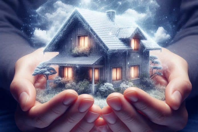 Des mains tenant une maison en hiver avec des lumières allumées Des mains tenant une maison en hiver avec des lumières allumées