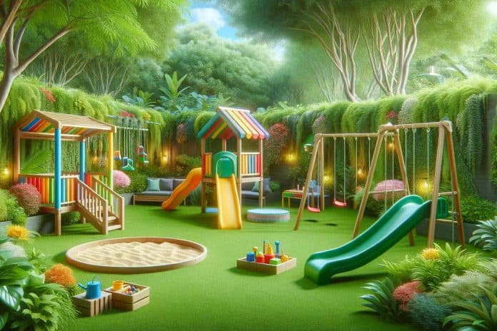 Aire de jeu colorée et sécurisée dans un jardin avec balançoires, toboggans et bac à sable.