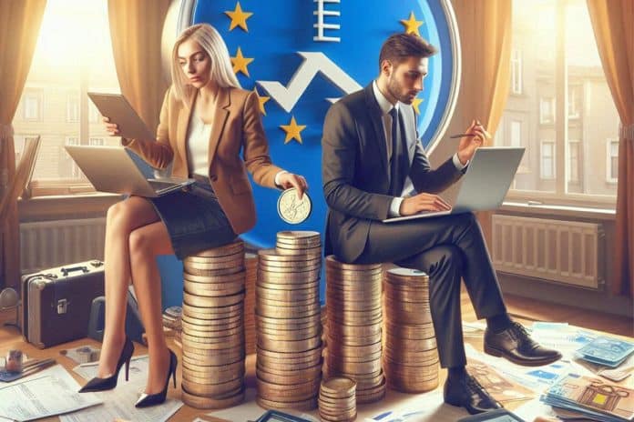 Un homme et une femme travaillent sur des ordinateurs portables assis sur des piles de pièces de monnaie.